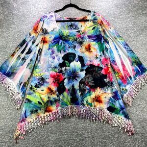 Nightwaye Sienna Rose Womens‎ 1X Floral Print Bell Sleeve Crochet Hem Tunic Top
